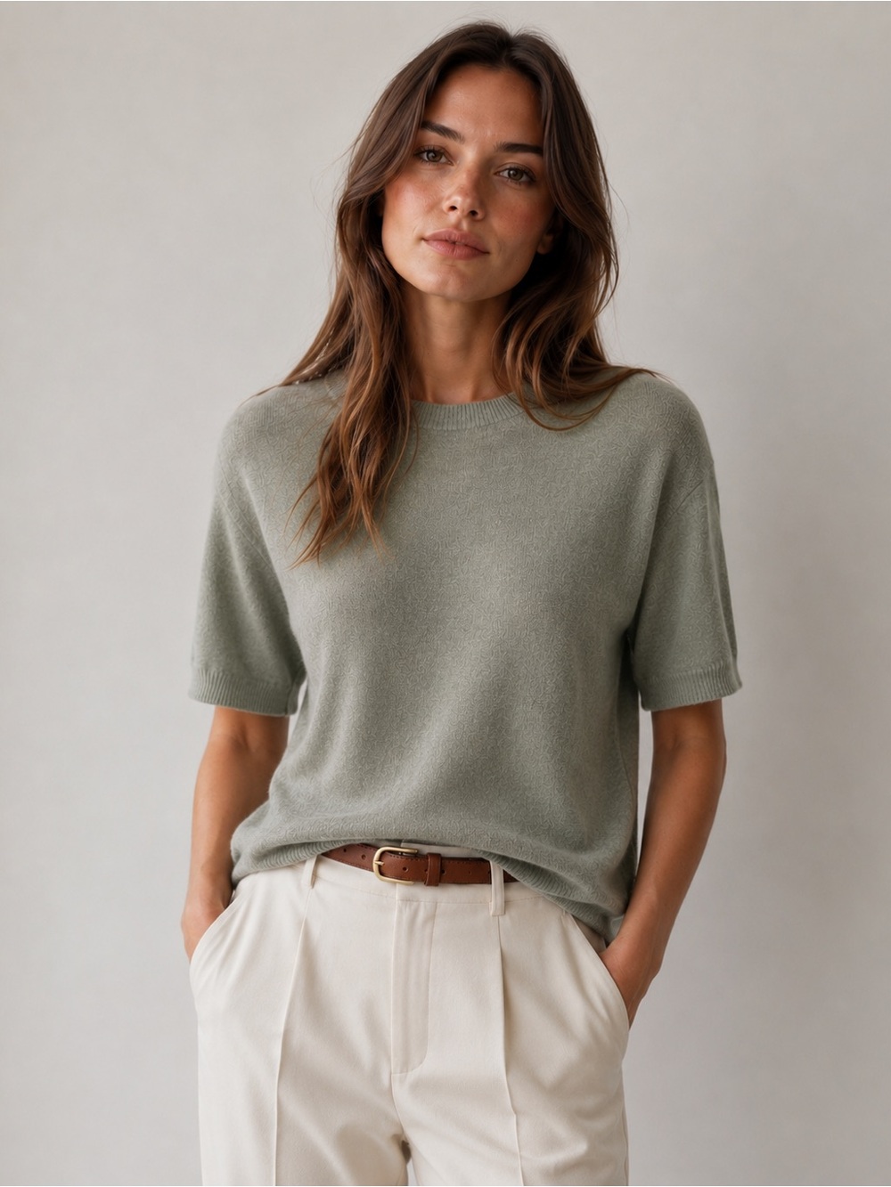 Bianco & Blu Italian Knit Sweater M Sage Wool Cashmere Silk Blend Short Sleeve